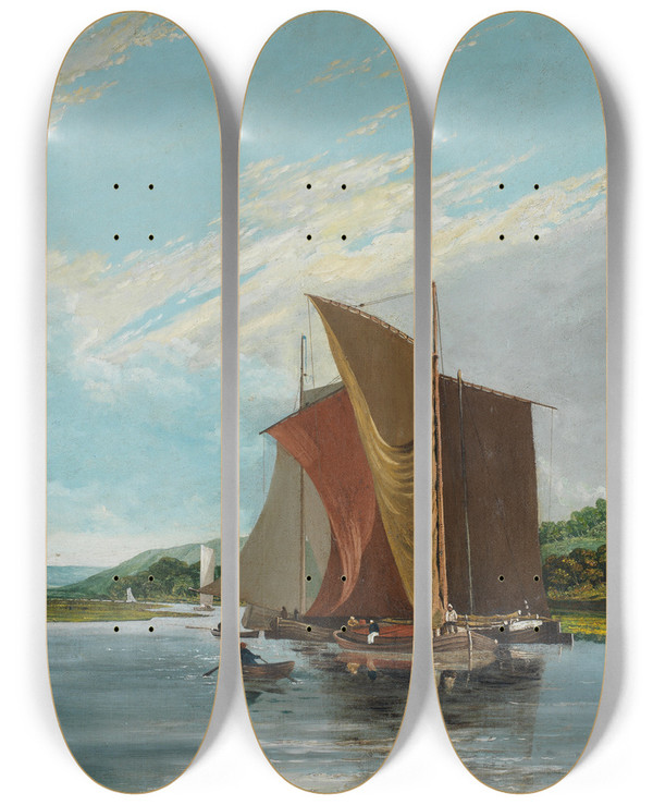 Triptych art skateboard deck of James Baker Pyne Barges On A River by James Baker Pyne (1800-1870)