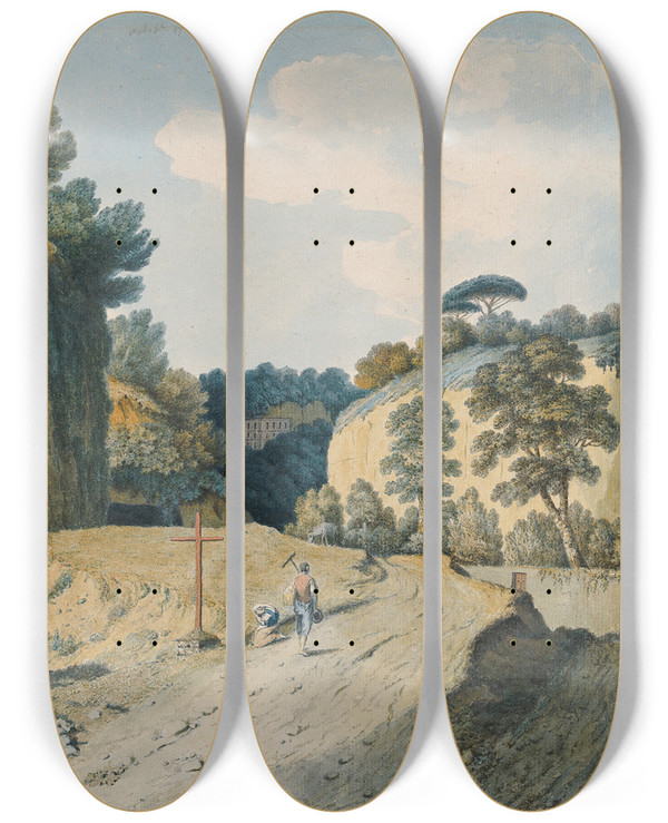 Triptych art skateboard deck of Thomas Jones A Road In A Gorge Near Naples by Thomas Jones (1742-1803)
