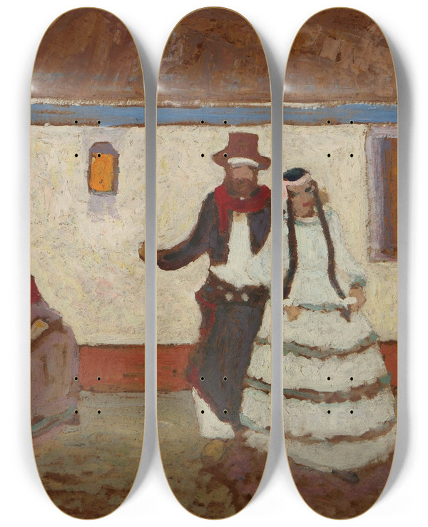 Triptych art skateboard deck of Pedro Figari Baile En El Rancho by Pedro Figari (1861-1938)
