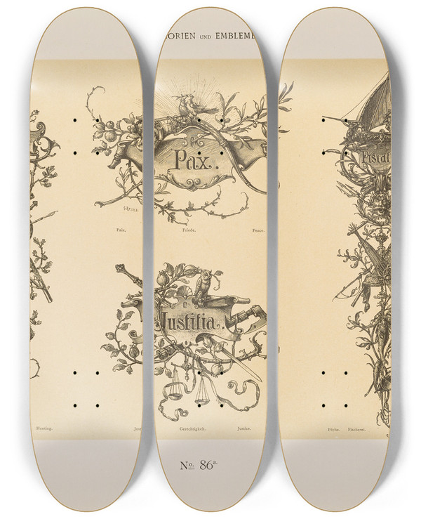 Triptych art skateboard deck of Albert Ilg Allegorien Und Embleme Vol I Pl103 by Albert Ilg (1847-1896)