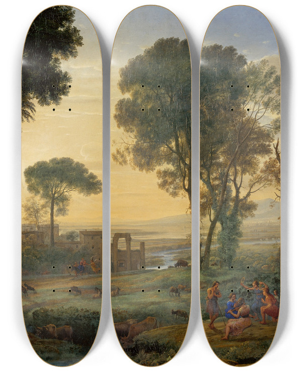 Triptych art skateboard deck of Claude Lorrain Landscape With The Flight Into Egypt by Claude Lorrain (1604-1682)