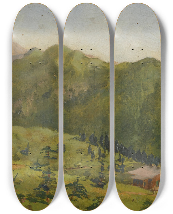Triptych art skateboard deck of Hans Gantner The Saas Hunting Lodge In Liechtenstein by Hans Gantner (1853-1914)