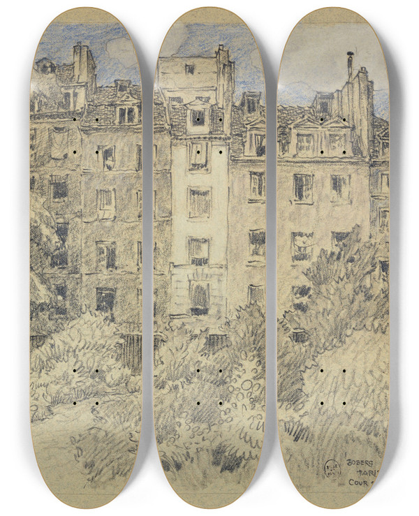 Triptych art skateboard deck of Ferdinand Boberg La Cour De Saintjulienlepauvre by Ferdinand Boberg (1860-1946)