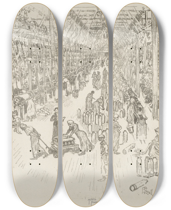 Triptych art skateboard deck of Joseph Pennell The Bay Of The Thousand Girls by Joseph Pennell (1857-1926)