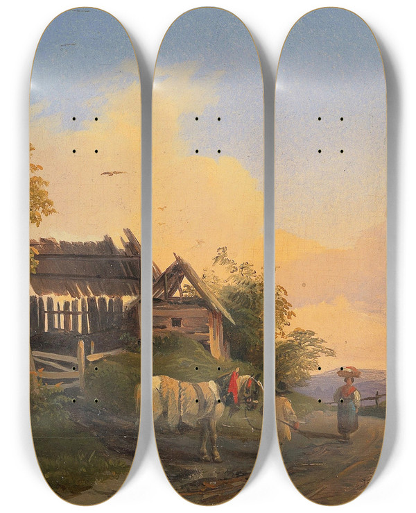 Triptych art skateboard deck of Ignaz Raffalt Returning Home At Dusk by Ignaz Raffalt (1800-1857)