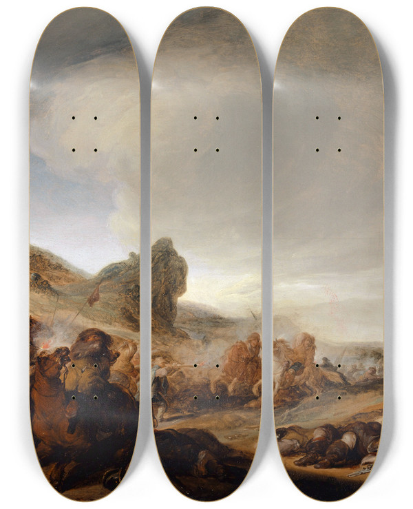 Triptych art skateboard deck of Benjamin Gerritsz Cuyp Cavalry Battle by Benjamin Gerritsz Cuyp (1612-1652)