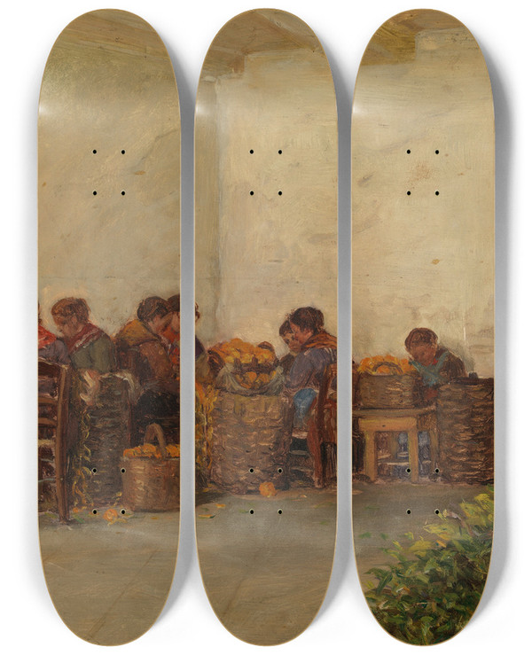 Triptych art skateboard deck of Adolf Von Becker The Rural Women by Adolf Von Becker (1831-1909)