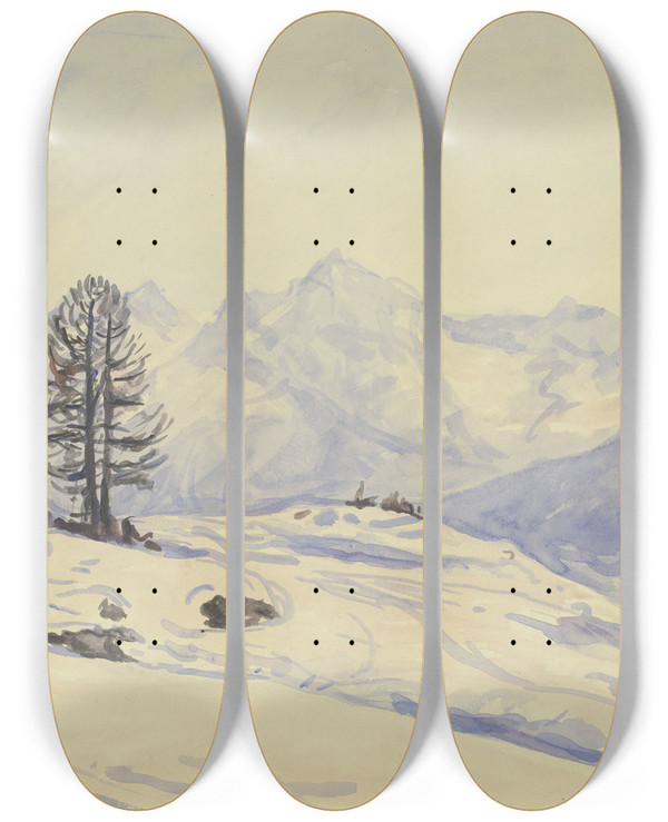 Triptych art skateboard deck of Jakob Nussbaum Winterlandschaft Unterengadin by Jakob Nussbaum (1873-1936)