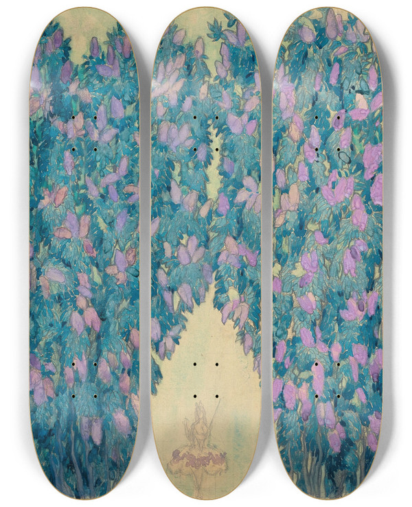 Triptych art skateboard deck of Lon Bakst Set Design For La Belle Au Bois Dormant La Pousse Des Lilas by Leon Bakst (1866-1924)
