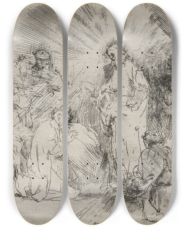 Triptych art skateboard deck of Rembrandt Van Rijn Christ Appearing To The Apostles_1 by Rembrandt Van Rijn (1606-1669)