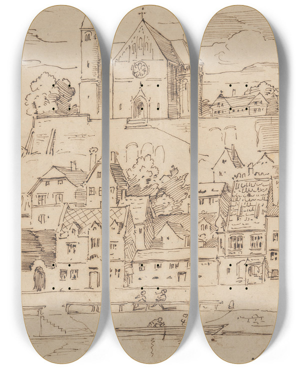 Triptych art skateboard deck of Moritz Von Schwind Stadtansicht by Moritz Von Schwind (1804-1871)