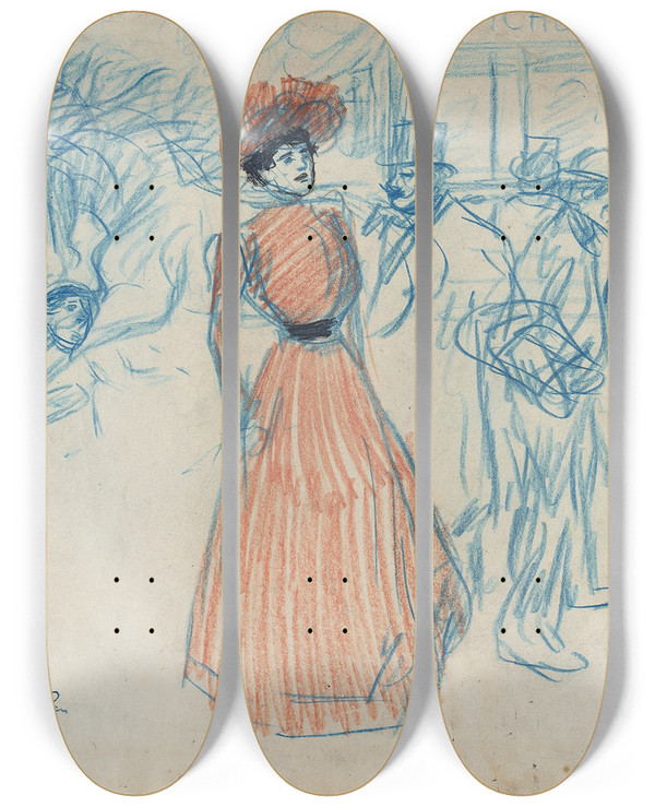 Triptych art skateboard deck of Thophile Alexandre Steinlen Woman At The Bus Stop by Theophile Alexandre Steinlen (1859-1923)