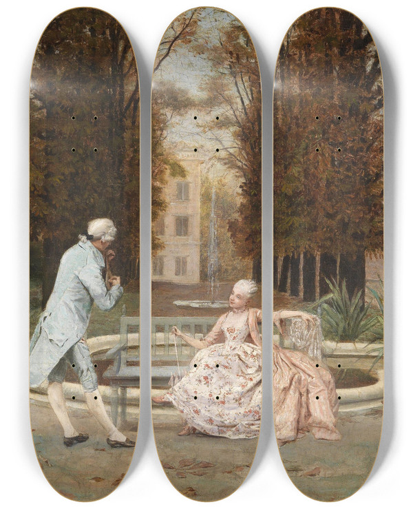 Triptych art skateboard deck of Elia Joseph Laurent Gesprch Im Park by Elia Joseph Laurent (1850-1880)