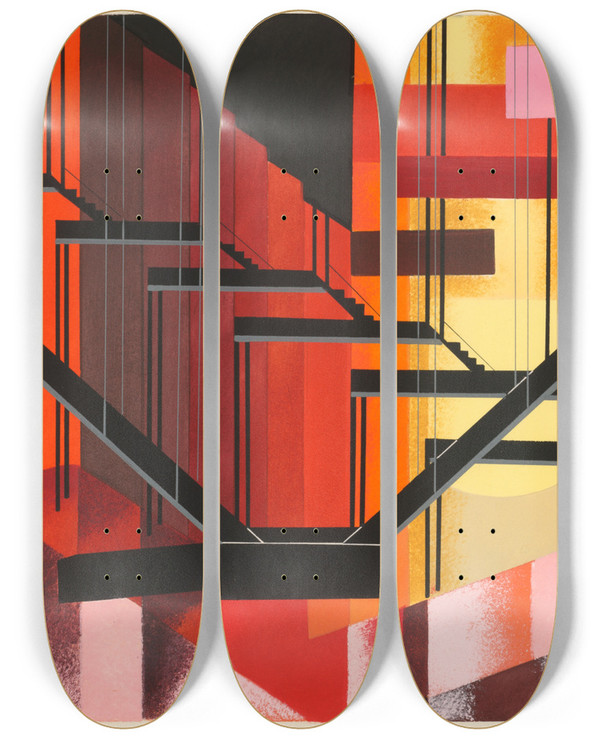 Triptych art skateboard deck of Alexandra Exter Maquettes De Thatre 13 by Alexandra Exter (1882-1949)