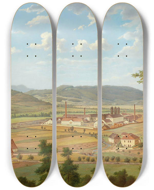 Triptych art skateboard deck of Ernst Gustav Doerell View Of A Factory In St Nad Labem by Ernst Gustav Doerell (1832-1877)