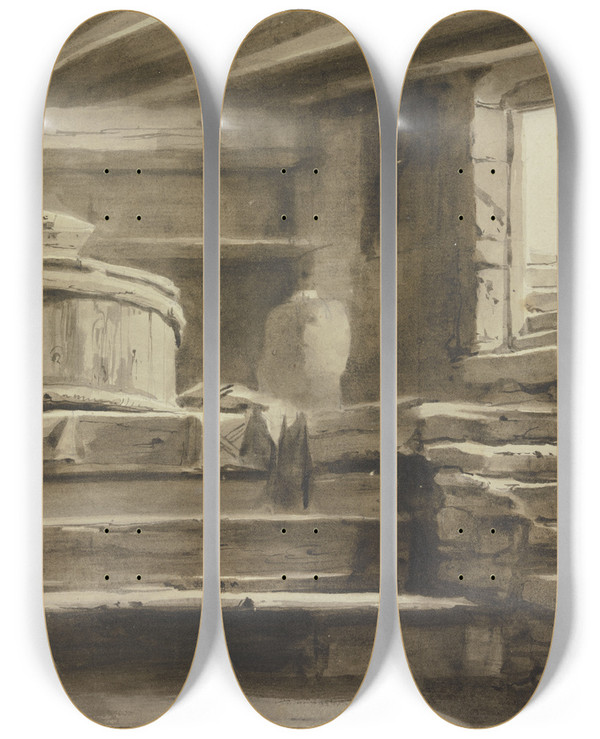 Triptych art skateboard deck of Jeanjacques De Boissieu Interior Of A Mill by Jean-Jacques de Boissieu (1736-1810)