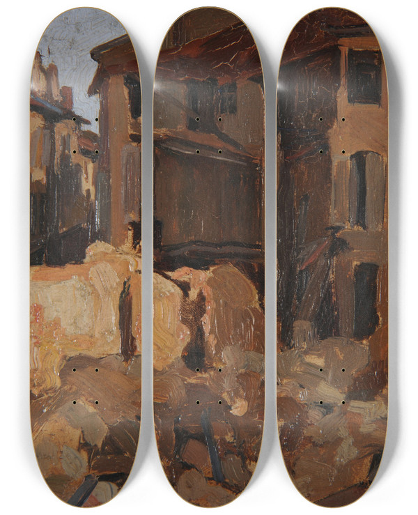 Triptych art skateboard deck of Andr Victor Douard Devambez Ruines Rue Mautrot by Andr Victor douard Devambez (1867-1943)