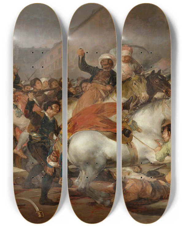 Triptych art skateboard deck of Francisco De Goya The Charge Of The Mamelukes by Francisco de Goya (1746-1828)