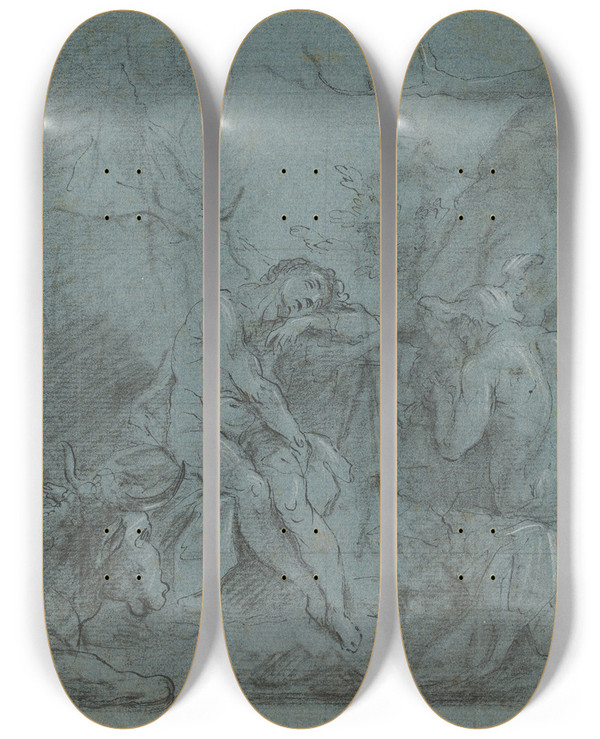 Triptych art skateboard deck of Januarius Zick Mercury And Argus by Januarius Zick (1730-1797)