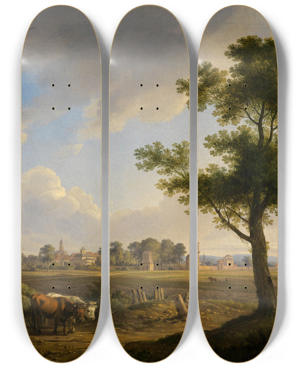 Triptych art skateboard deck of Carl Kuntz Blick Auf Karlsruhe Von Sden by Carl Kuntz (1770-1830)