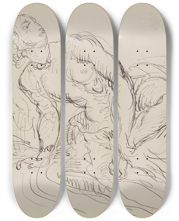 Triptych art skateboard deck of James Ensor Study Of A Woman Bathing by James Ensor (1860-1949)