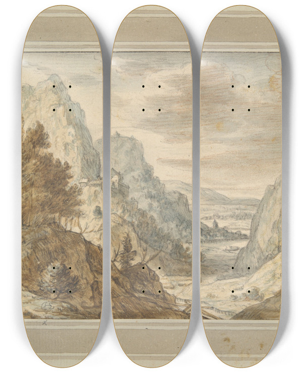 Triptych art skateboard deck of Herman Saftleven Mountainouslandscape by Herman Saftleven (1609-1685)