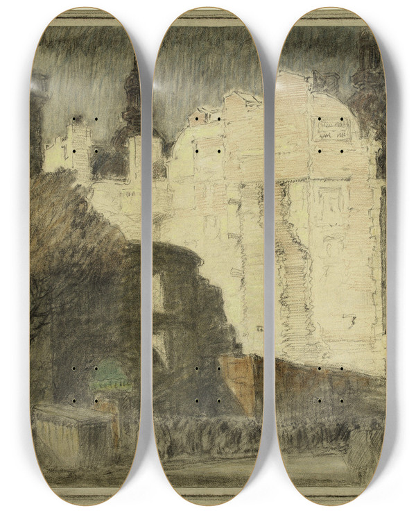 Triptych art skateboard deck of Ferdinand Boberg Dmolition Le Long Du Boulevard Haussmann Prs Du Grand Magasin Le Printemps by Ferdinand Boberg (1860-1946)