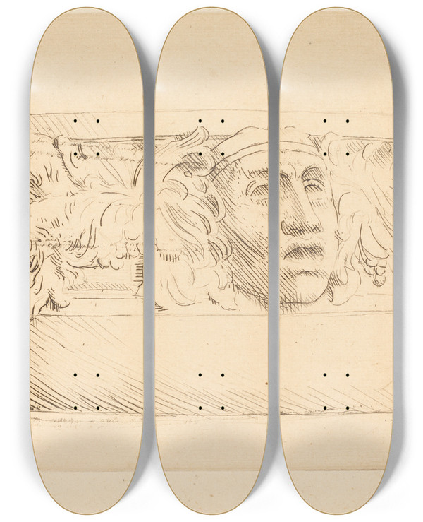 Triptych art skateboard deck of Alphonse Legros Vase With Grotesques Le Vase Aux Masques by Alphonse Legros (1837-1911)