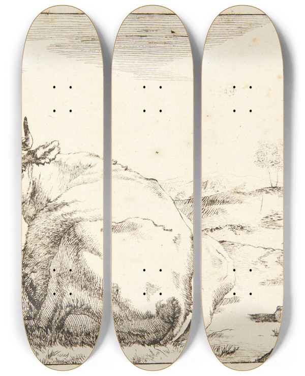 Triptych art skateboard deck of Marcus De Bye Liggende Ko Set Bagfra by Marcus de Bye (1638-1688)
