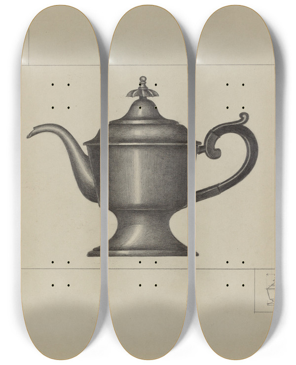 Triptych art skateboard deck of Herman Bader Pewter Coffee Pot by Herman Bader