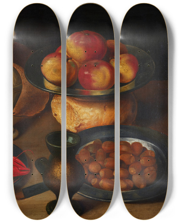 Triptych art skateboard deck of Georg Flegel Still Life With Pikes Head And Hazelnuts by Georg Flegel (1566-1638)