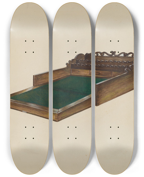 Triptych art skateboard deck of Herbert S Frere Writing Desk by Herbert S Frere