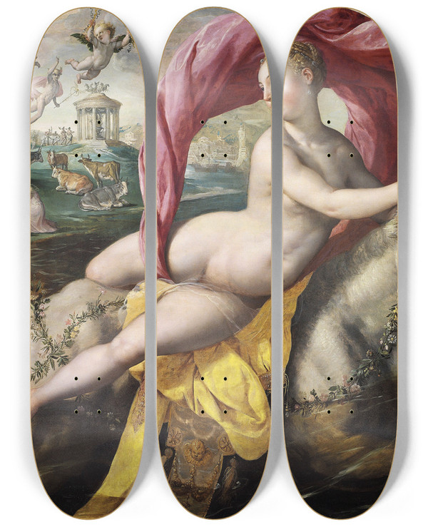 Triptych art skateboard deck of Maerten De Vos The Rape Of Europa by Maerten De Vos (1532-1603)