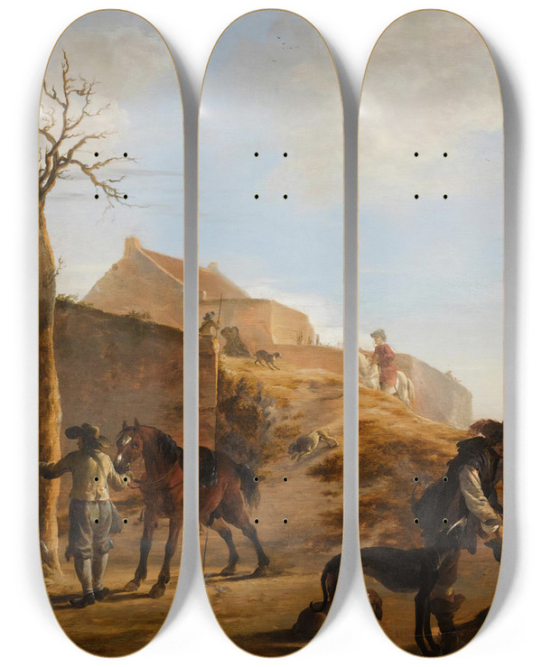 Triptych art skateboard deck of Dirk Stoop A Landscape With Sportsmen Preparing For The Hunt Together With Their Hounds And Horses by Dirk Stoop (1615-1686)