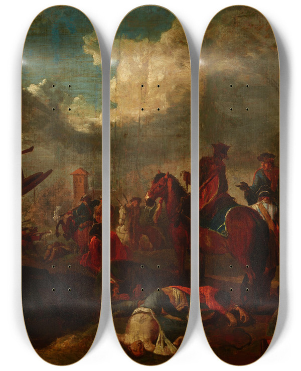 Triptych art skateboard deck of August Querfurt Battle Scene by August Querfurt (1696-1761)