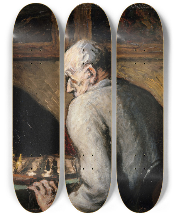 Triptych art skateboard deck of Honor Daumier Joueurs Dchecs by Honore Daumier (1808-1879)