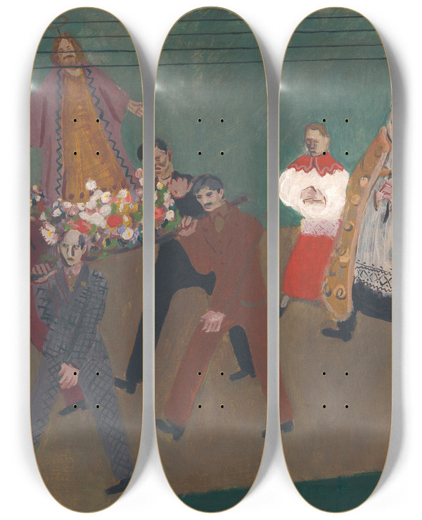 Triptych art skateboard deck of Cyprin Majernk Procession by Cyprian Majernik (1909-1945)