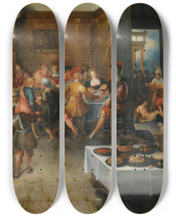 Triptych art skateboard deck of Frans Francken The Younger The Parable Of Thewedding Feast by Frans Francken the Younger (1581-1642)