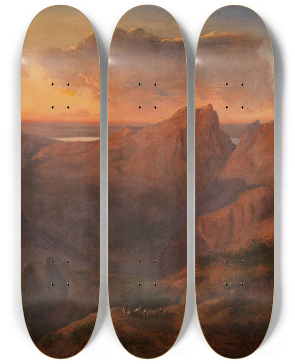 Triptych art skateboard deck of Maximilian Haushofer Chiemseelandschaft by Maximilian Haushofer (1811-1866)