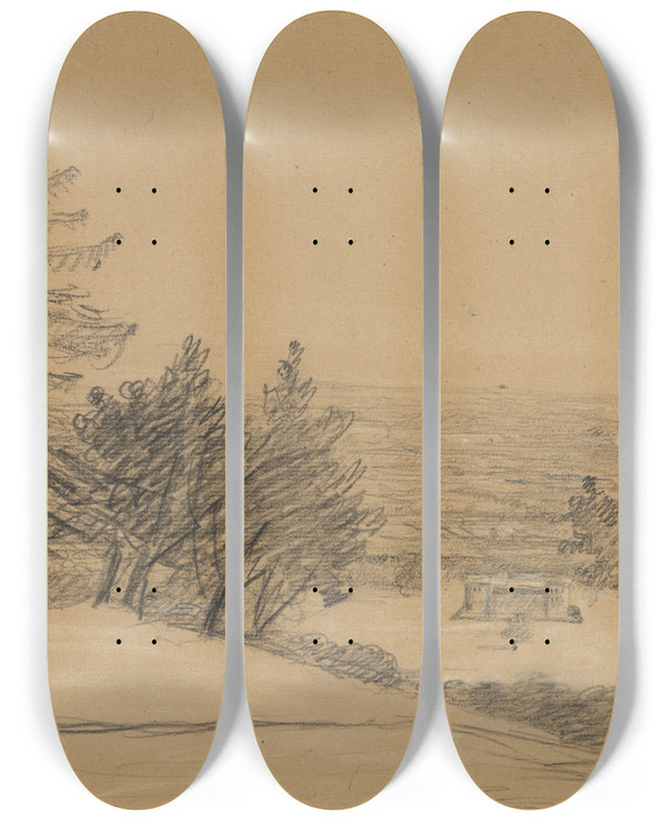 Triptych art skateboard deck of Benjamin Robert Haydon Landscape With Castle by Benjamin Robert Haydon (1786-1846)