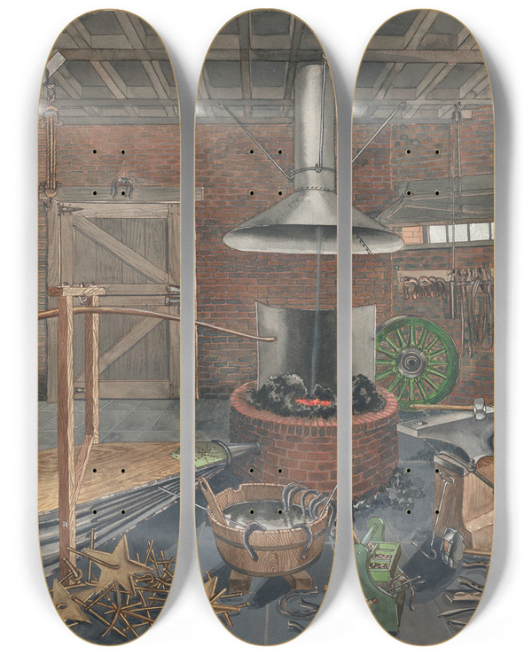 Triptych art skateboard deck of Perkins Harnly Blacksmith Shop by Perkins Harnly (1901-1986)