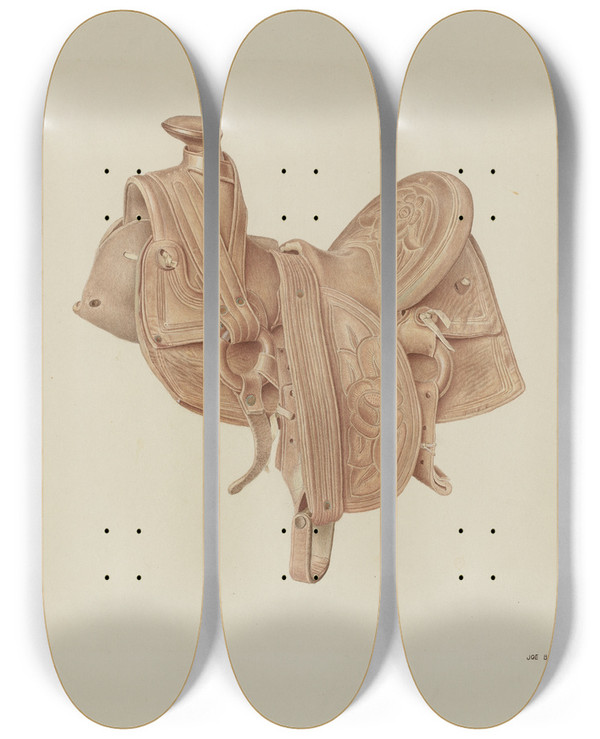 Triptych art skateboard deck of Joe Brennan Saddle by Joe Brennan