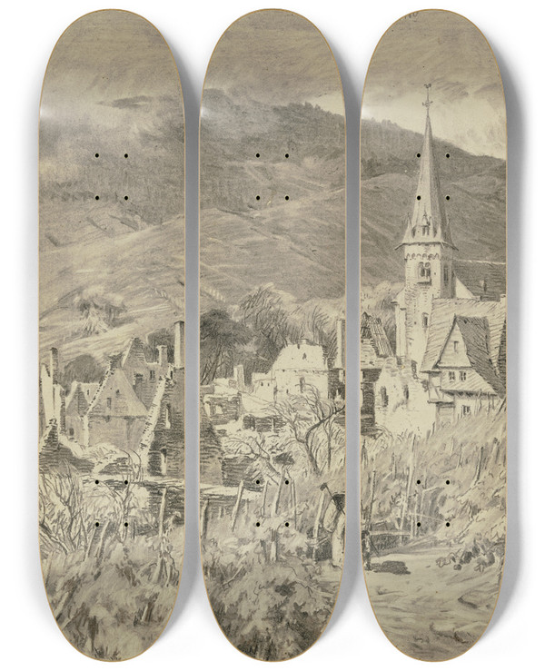 Triptych art skateboard deck of Heinrich Funk Blick Auf Senheim by Heinrich Funk (1807-1877)