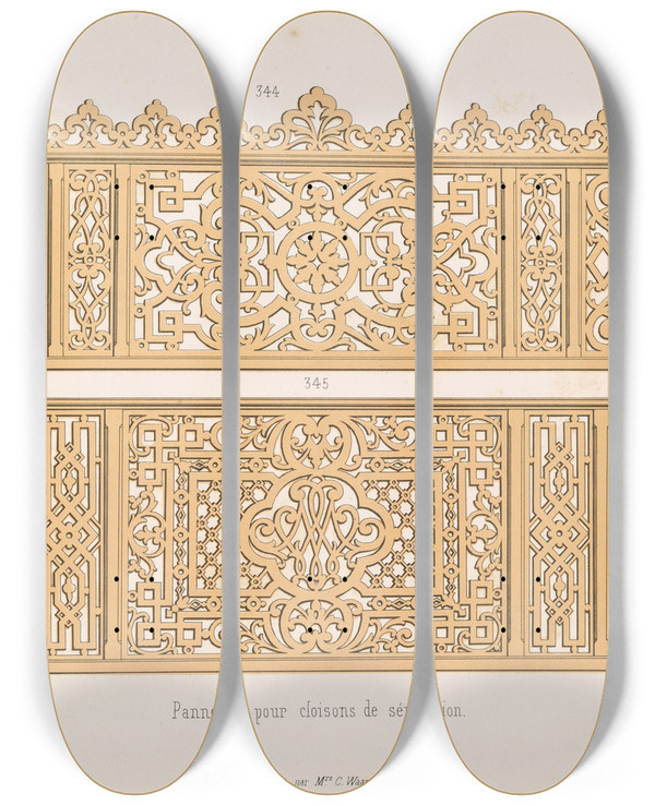 Triptych art skateboard deck of A Sanguineti La Decoration En Bois Decoupe Pl24 by A Sanguineti