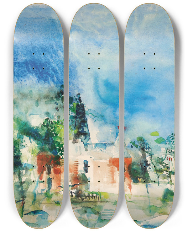 Triptych art skateboard deck of Wilhelm Thny Castle With Red Towers by Wilhelm Thony (1888-1949)