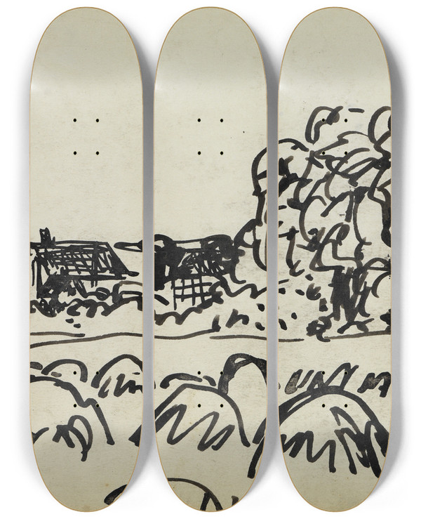 Triptych art skateboard deck of Ernst Ludwig Kirchner Bauerngehft Auf Fehmarn by Ernst Ludwig Kirchner (1880-1938)