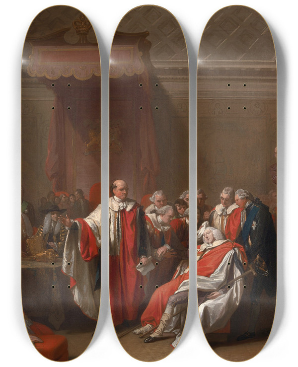 Triptych art skateboard deck of Benjamin West The Death Of Chatham by Benjamin West (1738-1820)