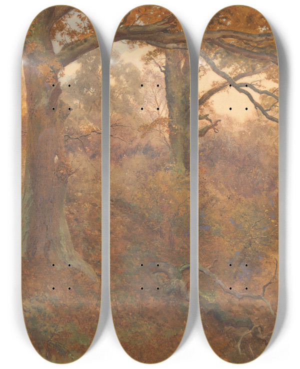 Triptych art skateboard deck of John William North Forest Landscape by John William North (1842-1924)