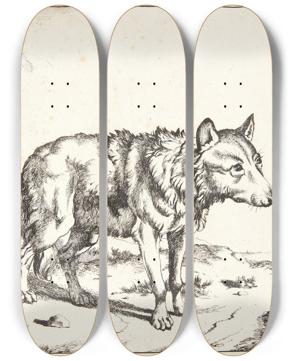 Triptych art skateboard deck of Marcus De Bye Stende Ulv Vendt Mod Hjre by Marcus de Bye (1638-1688)