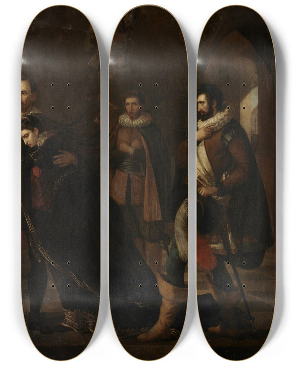 Triptych art skateboard deck of Adle Kindt Lamoral Count Of Egmont Taking Leave Of His Wife by Adele Kindt (1804-1893)